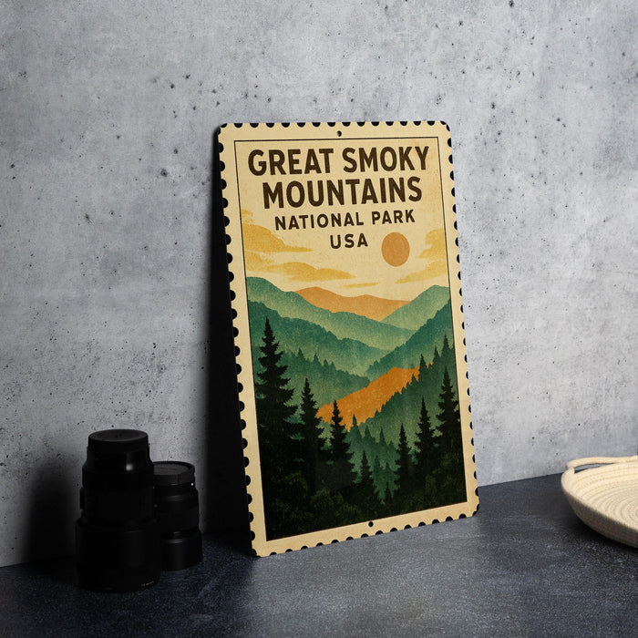 A framed poster of the Great Smoky Mountains National Park in the United States, featuring a scenic mountain landscape with pine trees and a sun in the sky.