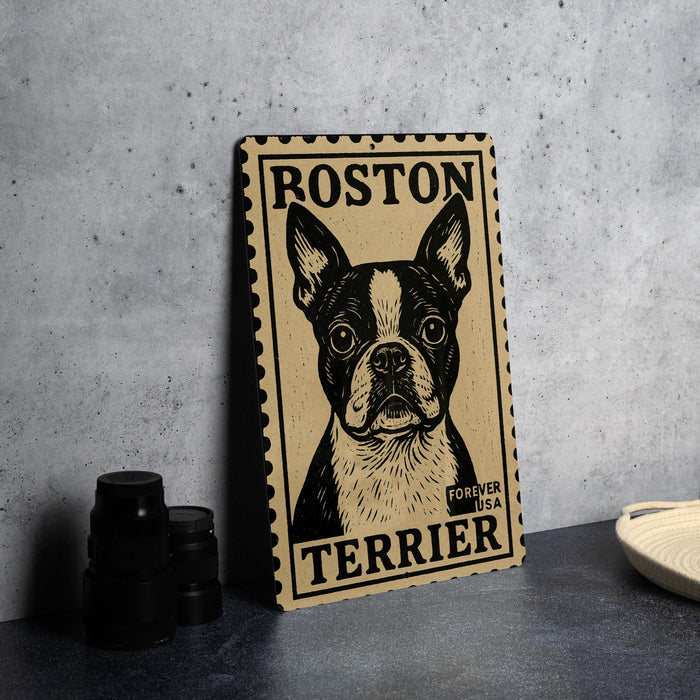 A wooden postcard featuring a black and white portrait of a Boston Terrier dog, with the text "ROSSON" and "FOREVER USA" printed on it.