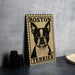 A wooden postcard featuring a black and white portrait of a Boston Terrier dog, with the text "ROSSON" and "FOREVER USA" printed on it.