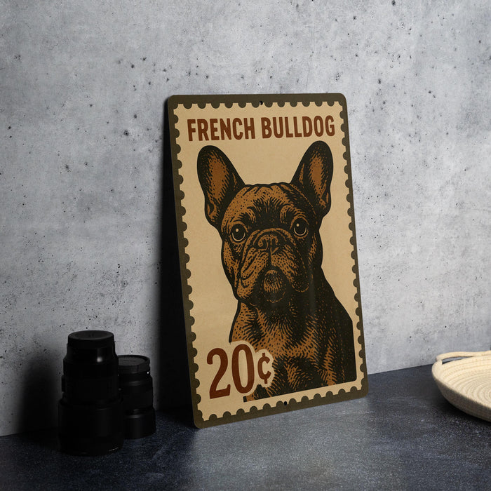 A French Bulldog stamp is displayed on a table, with a stack of black camera lenses and a white dish nearby.