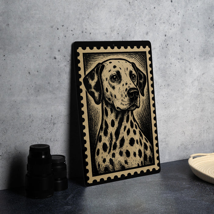 A framed image of a Dalmatian dog is displayed on a wall, with a stack of black camera lenses and a woven basket visible to the right.