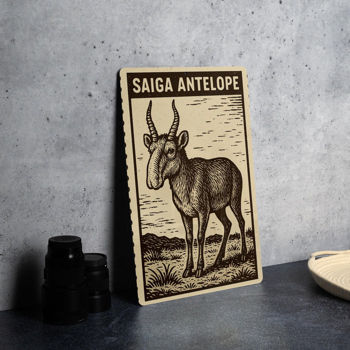 a wooden sign with a drawing of a goat, which is labeled "SAIGA ANTELOPE".