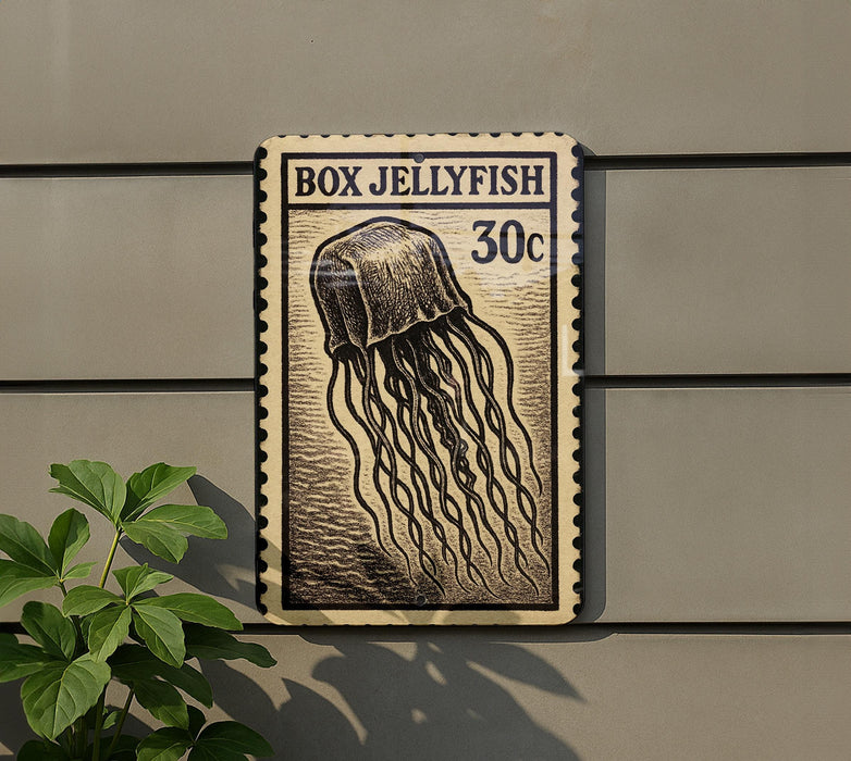 a rectangular postage stamp with a jellofish illustration on it, mounted on a wall.
