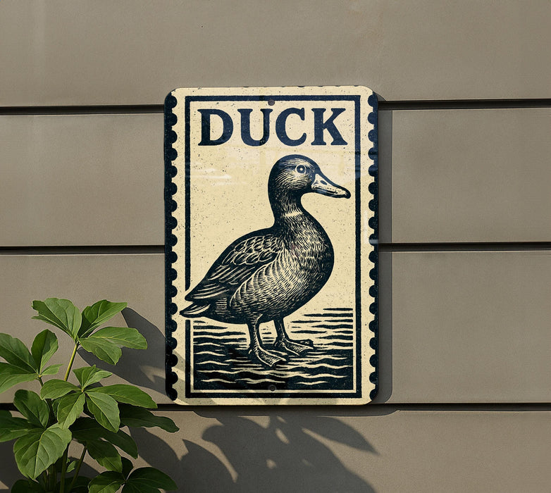 a sign with a duck illustration on it, mounted on a wall.