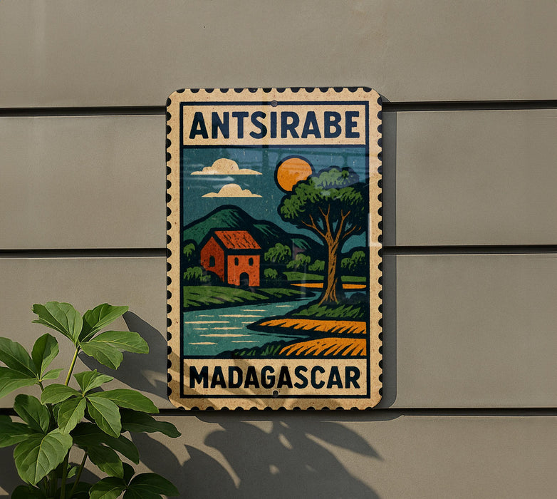 a vintage-style stamp or sign with a colorful illustration of a rural landscape, including a house, trees, and a body of water, mounted on a wall.
