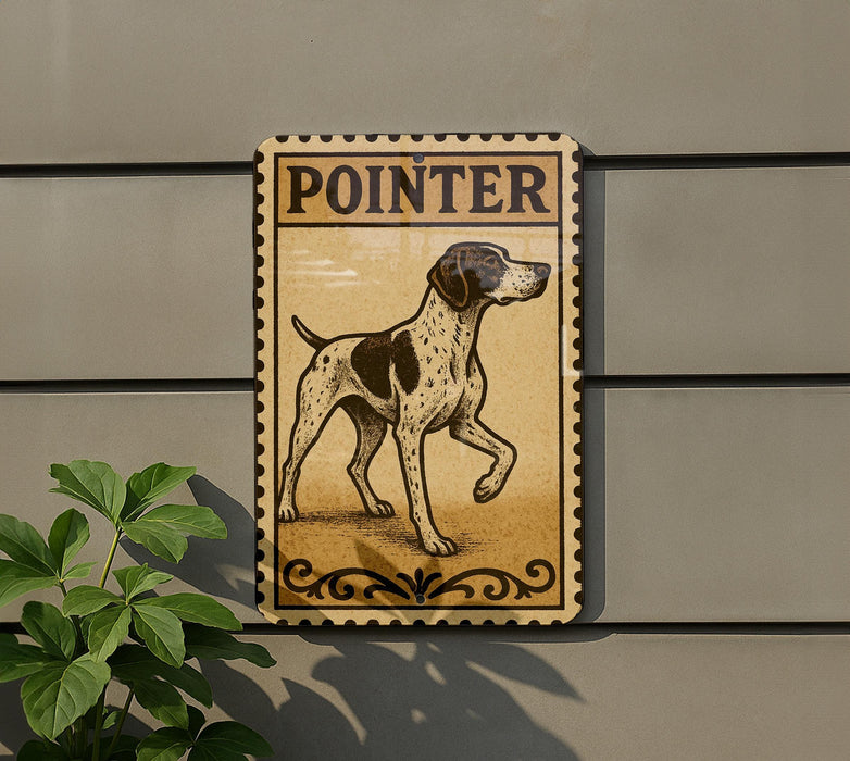 a sign with a dog illustration, mounted on a wall next to a plant.