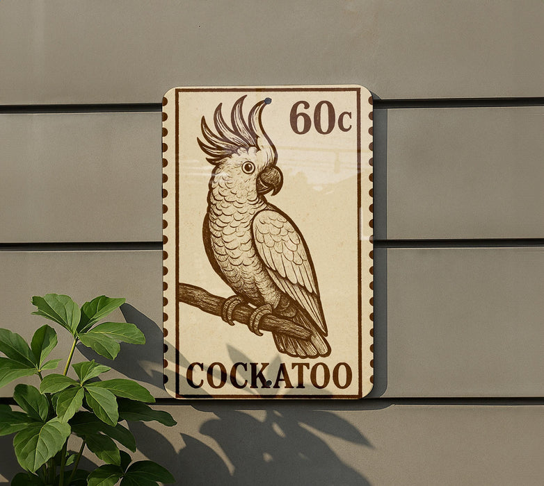 A postage stamp featuring a cockatoo perched on a branch, with the text "60c" and "COCKATOO" printed on it.