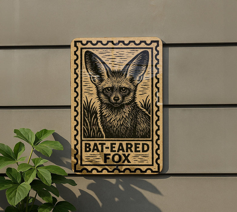 A wooden sign with a bat-eared fox illustration is mounted on a wall, with a plant to the left.