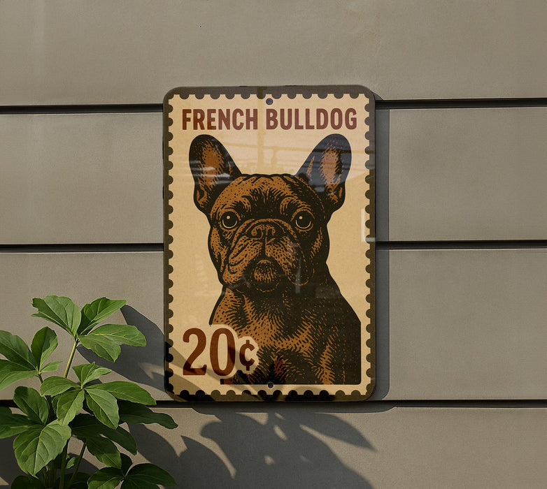 a French Bulldog, which is a brown dog with a distinctive appearance. The dog is depicted in a stamp-like design, with the text "French Bulldog" and "20¢" visible. The dog is shown in profile, with its head turned to the left. The background of the image is a gray wall, and there is a plant visible on the left side of the frame.
