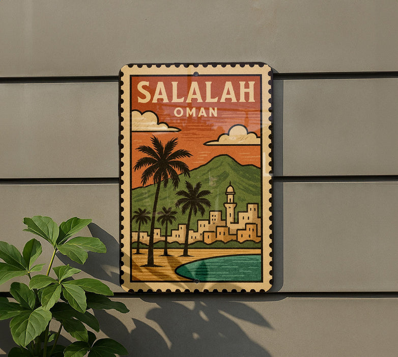 A vintage-style poster of Salalah, Oman, featuring a tropical landscape with palm trees, mountains, and a body of water.