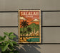 A vintage-style poster of Salalah, Oman, featuring a tropical landscape with palm trees, mountains, and a body of water.