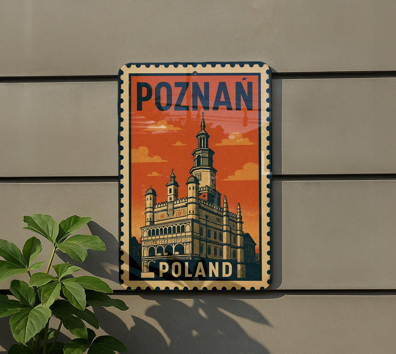 A vintage-style metal sign with the word "POZNAN" and an illustration of a castle or palace, mounted on a wall.
