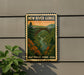 A vintage-style metal sign for New River Gorge National Park, USA, featuring a scenic illustration of a bridge over a river surrounded by autumn foliage.