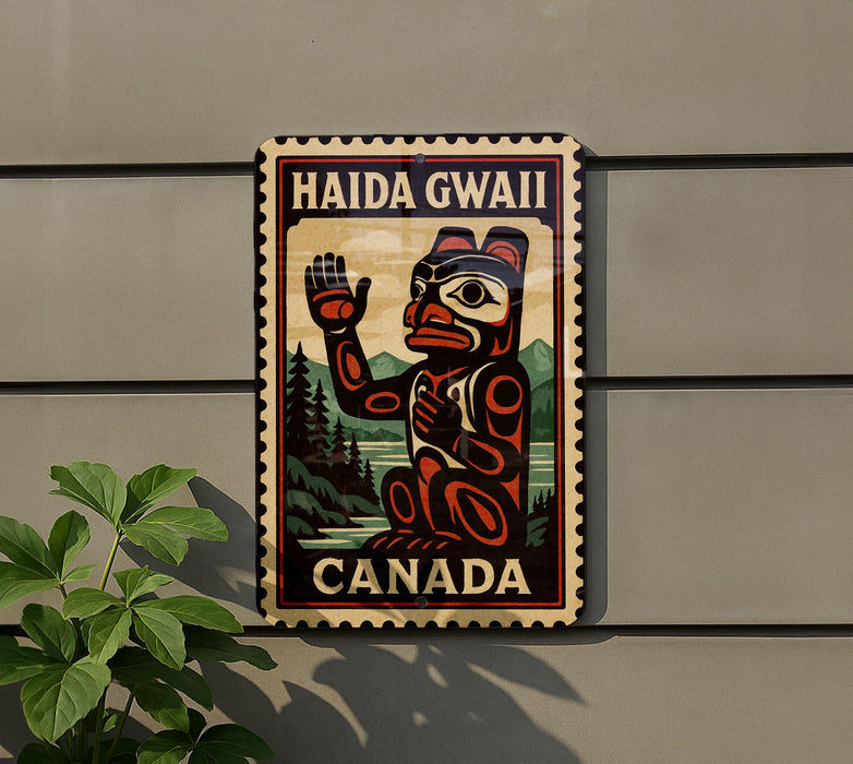 A metal sign with a stylized illustration of a bear and the text "HAIDA GWAI CANADA" is mounted on a wall.