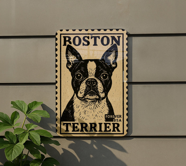 A Boston Terrier dog poster is displayed on a wall, featuring the dog's face and the text "ROSSON" and "TERRIER" along with the phrase "FREVER USA".