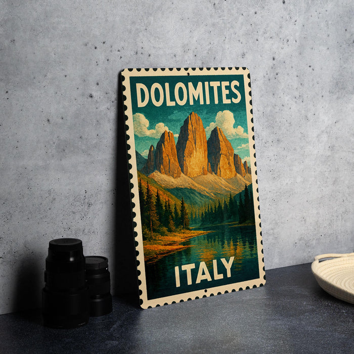 A framed poster of the Dolomites mountain range in Italy, featuring a scenic landscape with mountains, trees, and a lake.