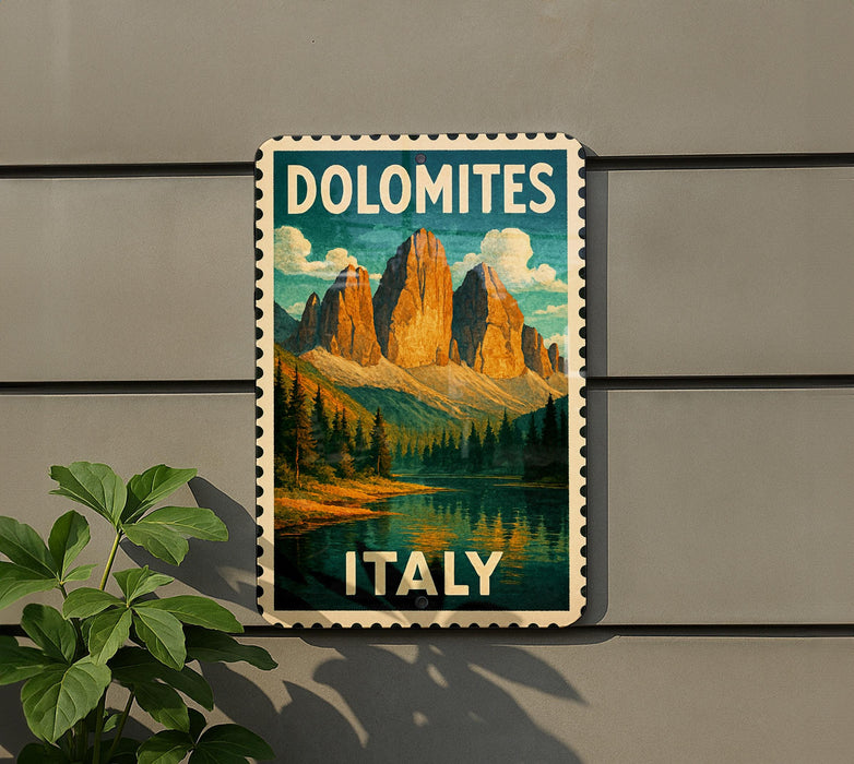 A vintage-style postage stamp depicting the Dolomites mountain range in Italy, with a lake and forest in the foreground.