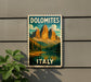 A vintage-style postage stamp depicting the Dolomites mountain range in Italy, with a lake and forest in the foreground.