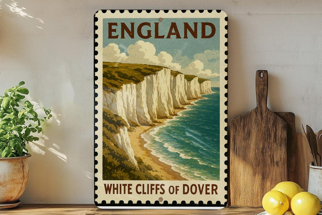A vintage-style poster of the White Cliffs of Dover, a famous landmark in England, displayed on a wall next to a wooden cutting board and some potted plants.