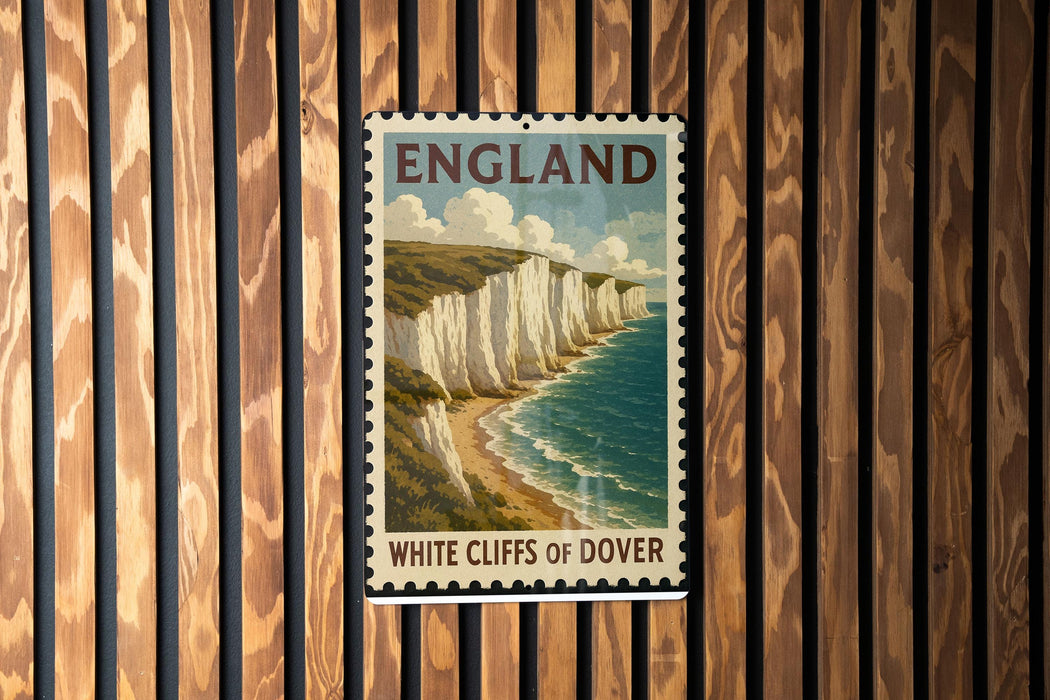 A vintage-style postage stamp depicting the White Cliffs of Dover, a famous landmark in England.