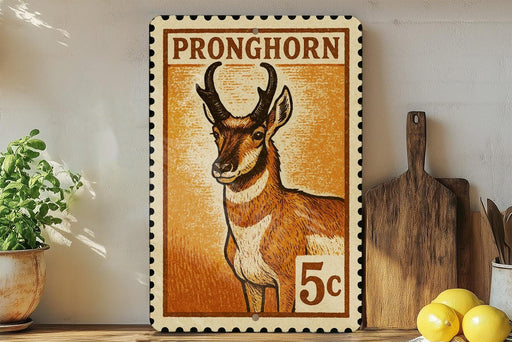 A framed stamp depicting a Pronghorn antelope, with the text "PRONGHORN" and the number "5c" printed on it. The stamp is placed on a shelf next to a wooden cutting board and a potted plant.