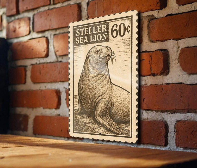 A wooden surface with a framed image of a sea lion on it, mounted on a brick wall.