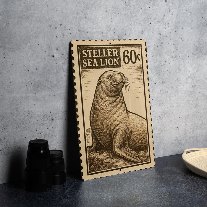 A framed postage stamp featuring a sea lion, with the text "Steller Sea Lion 60¢" printed on it.