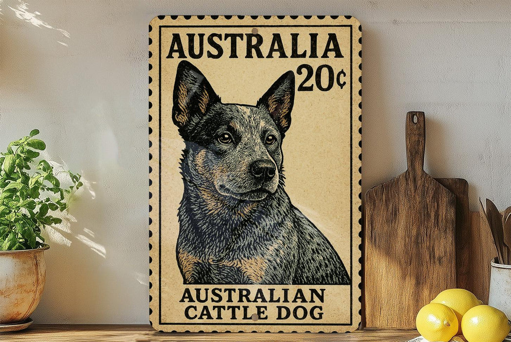 a wooden sign with a picture of an Australian Cattle Dog, which is a breed of dog known for its distinctive appearance and working abilities.