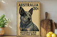 a wooden sign with a picture of an Australian Cattle Dog, which is a breed of dog known for its distinctive appearance and working abilities.