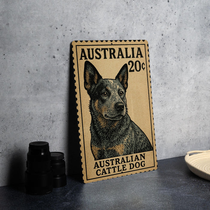 a wooden Australian Cattle Dog stamp on a table.