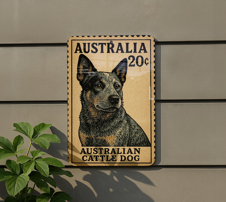 a sign with an illustration of an Australian Cattle Dog, which is a breed of cattle dog known for its distinctive appearance and working abilities.