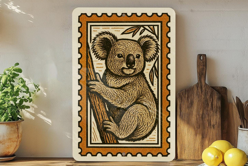 a framed illustration of a koala bear on a tree branch, placed on a shelf next to a wooden cutting board and a potted plant.