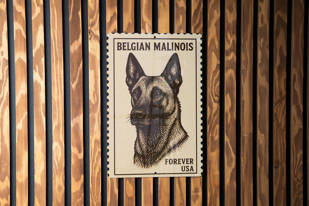 A postage stamp featuring a close-up of a Belgian Malinois dog, with the text "Belgian Malinois" and "Forever USA" printed on it.