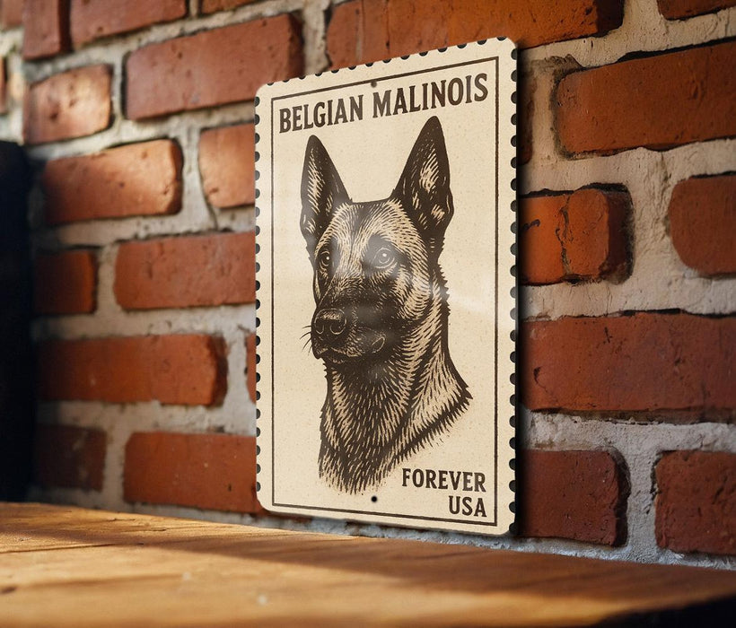 A sign featuring a black and white illustration of a Belgian Malinois dog, mounted on a brick wall.