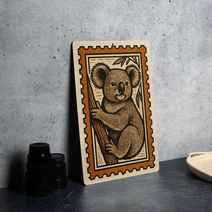 A framed illustration of a koala bear is displayed on a table, with a stack of black camera lenses and a white dish visible to the side.
