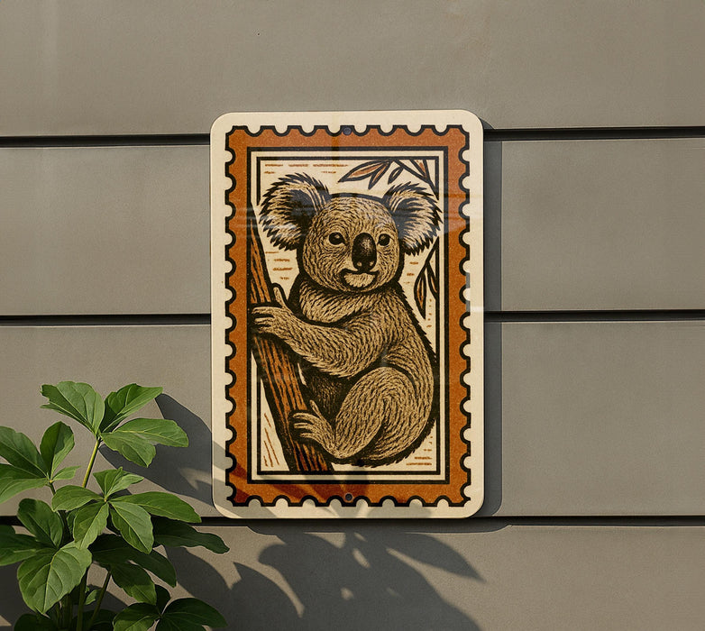 a koala bear, which is a type of primate, depicted in a decorative frame on a wall.