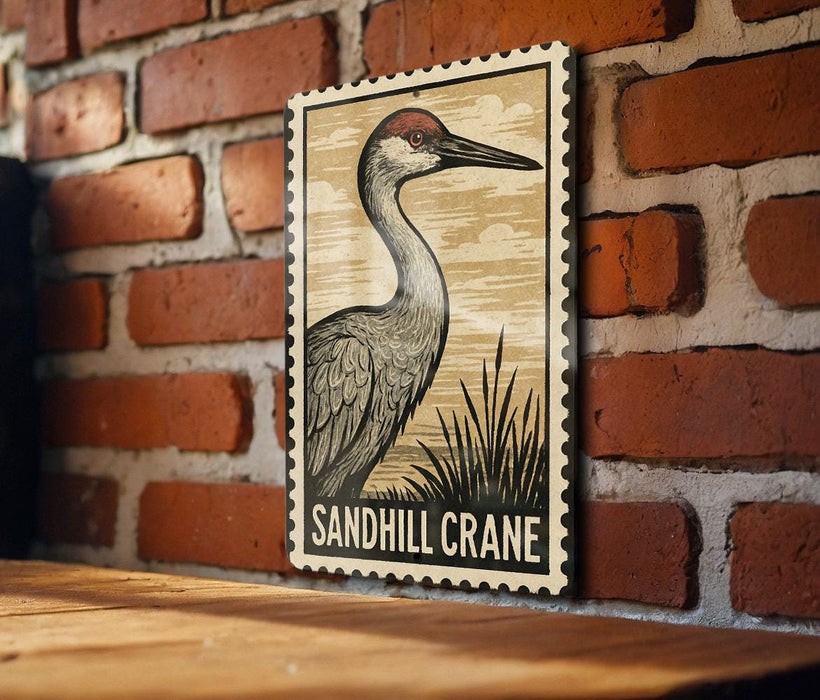 A framed illustration of a sandhill crane is displayed on a brick wall, with the text "Sandhill Crane" below the image.
