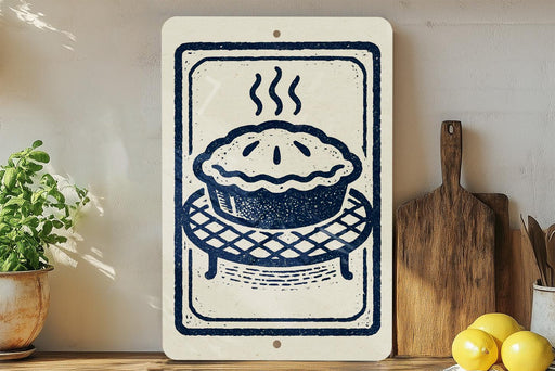 a kitchen scene with a pie on a wooden board, a potted plant, and a wooden cutting board.