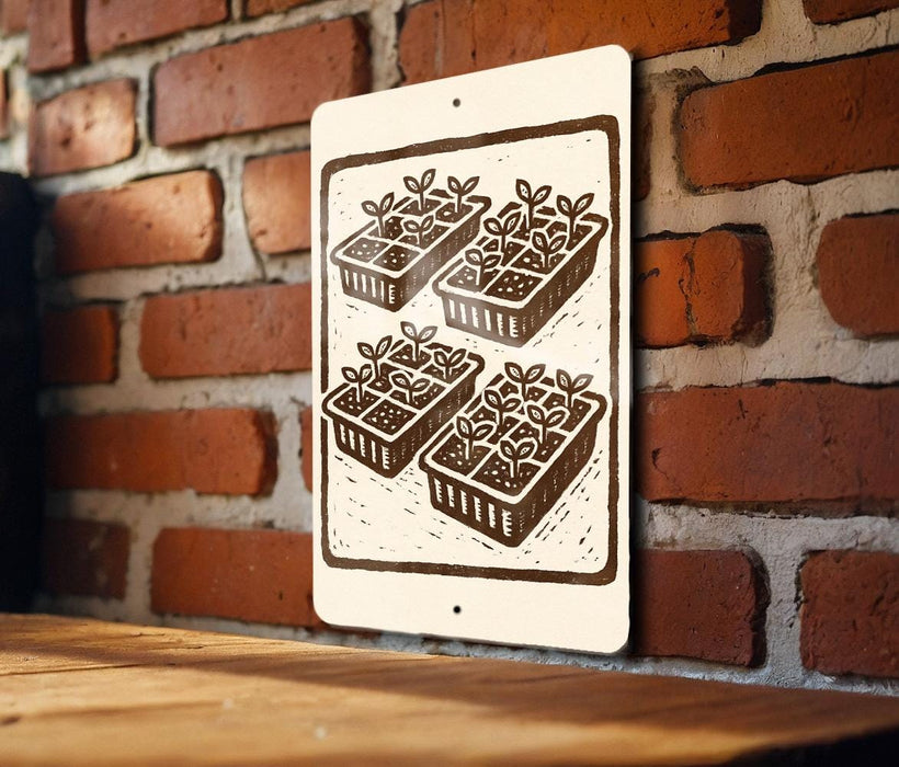 A sign with a graphic of four identical plant pots on a brick wall.