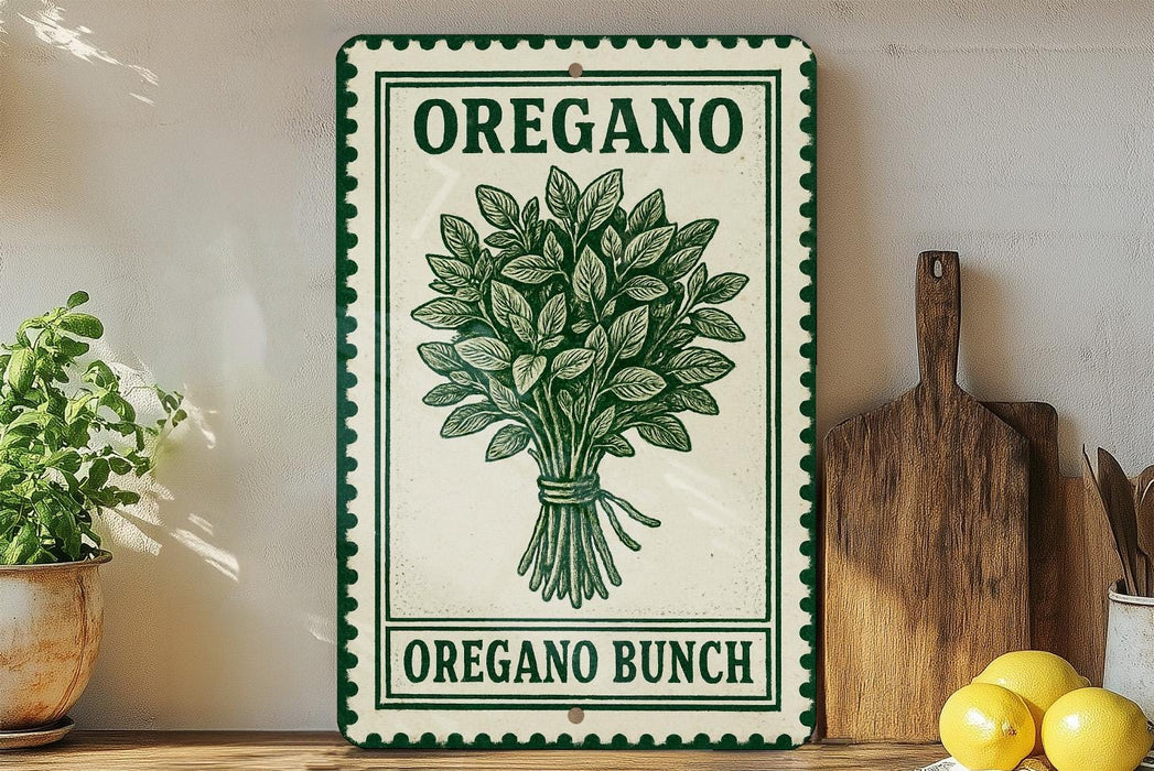 a sign for "Oregano Bunch" with a green and white design, placed on a wooden shelf next to a potted plant and a cutting board.
