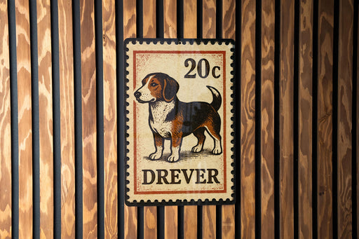 A metal sign with a dog illustration and the text "DREVER" is mounted on a wooden wall.