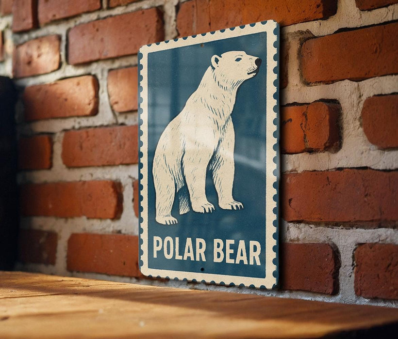 A blue and white sign featuring a white polar bear illustration is mounted on a brick wall.