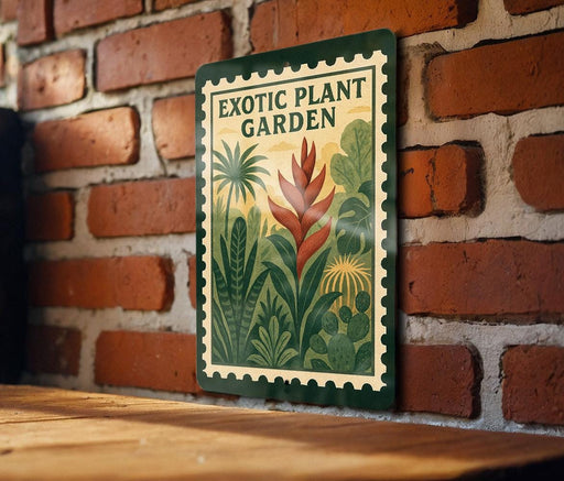 a vintage-style metal sign with a lush, tropical plant illustration, mounted on a brick wall.
