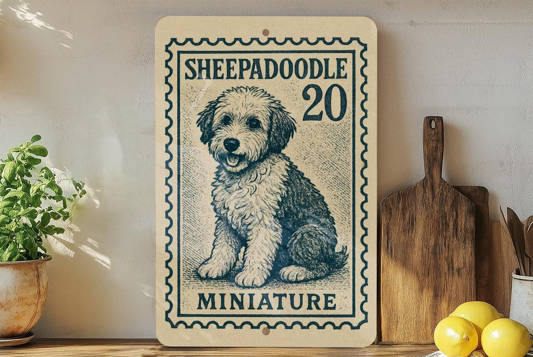 a wooden shelf with a framed illustration of a dog, a miniature postage stamp, and some kitchen utensils.