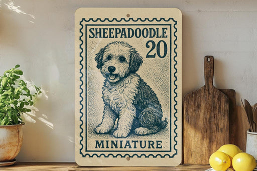 a wooden shelf with a framed illustration of a dog, a miniature postage stamp, and some kitchen utensils.