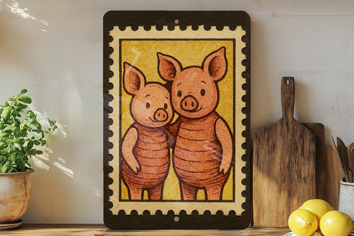 a framed illustration of two cartoon pigs standing close together, with a wooden cutting board and a potted plant visible in the background.