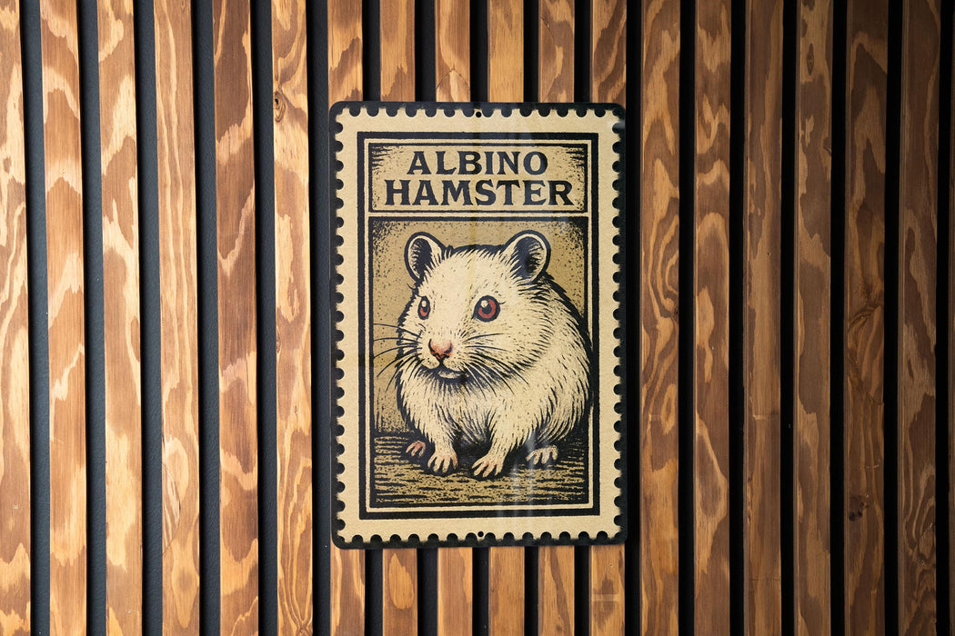 A metal sign with a hamster illustration is mounted on a wooden wall.