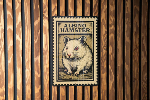 A metal sign with a hamster illustration is mounted on a wooden wall.