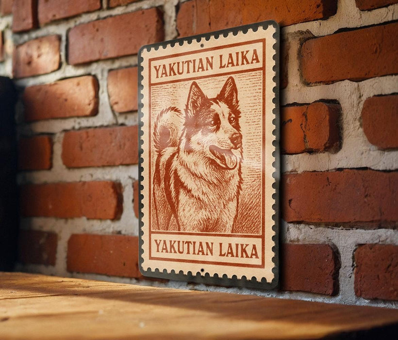 A wooden table with a metal sign featuring a drawing of a dog, mounted on a brick wall.