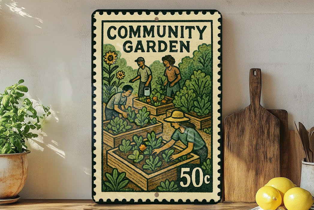 A metal sign with a vintage-style illustration of people working in a community garden, surrounded by potted plants and a wooden cutting board.